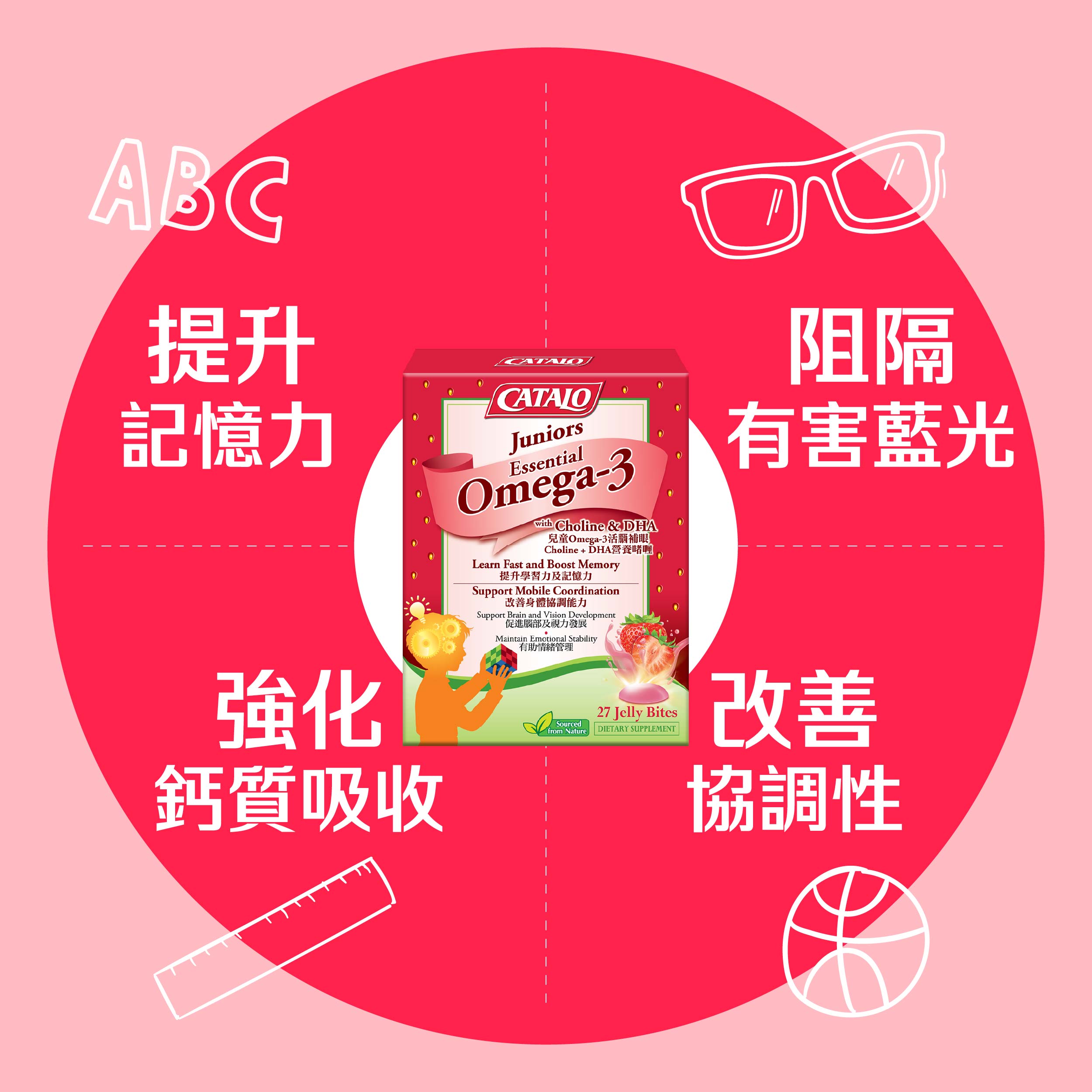 CATALO家得路兒童Omega-3活腦補眼啫喱 27粒,含VitaCholine®及高濃度魚油,提升學習能力,促進視力及骨骼健康,適合6歲以上兒童。